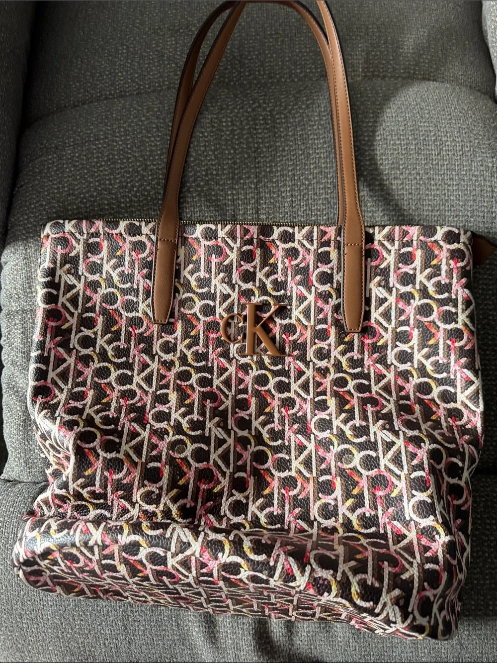 Calvin Klein Brown Monogram Tote with Pink and Cream Accents